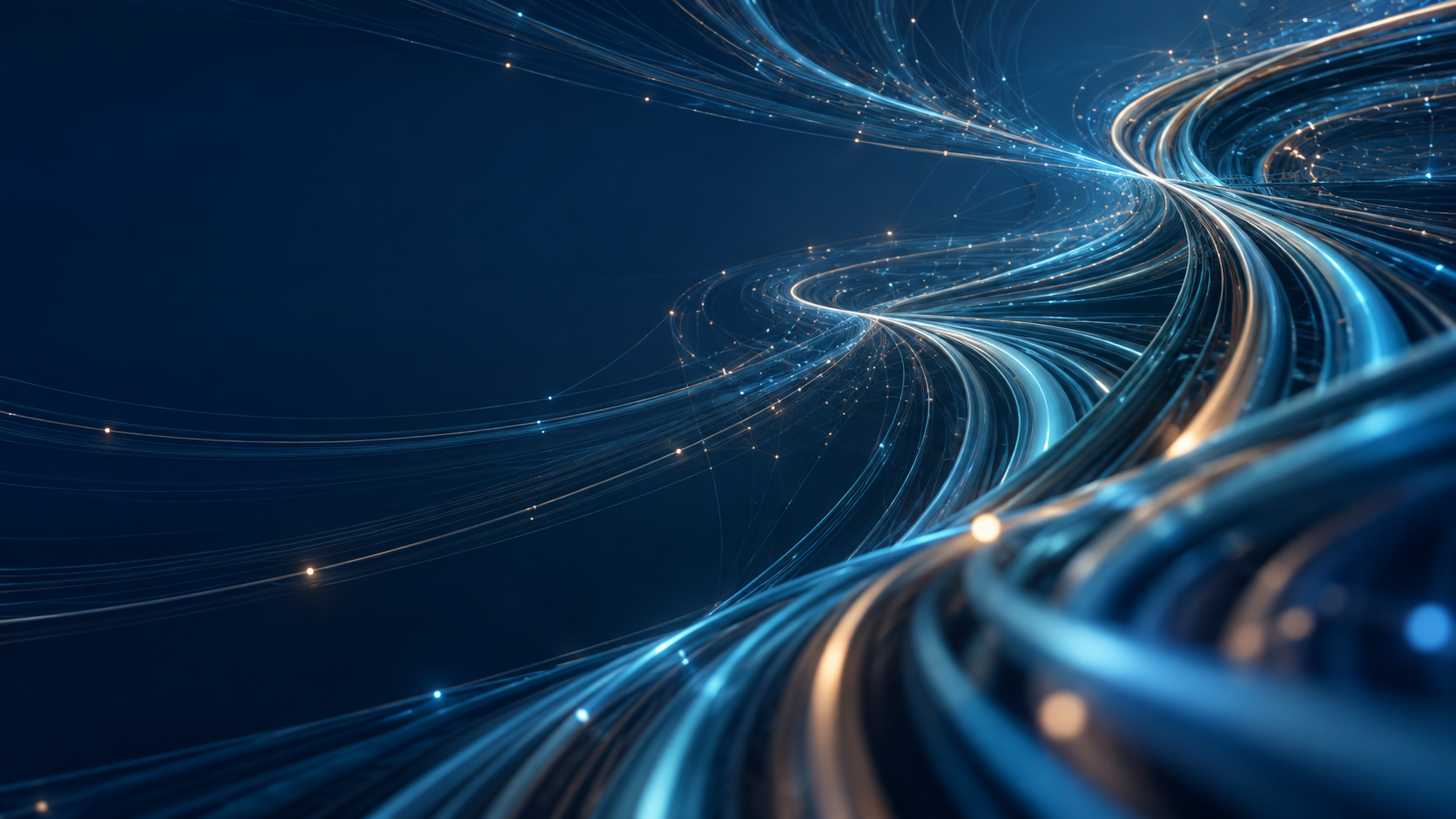 Curved blue trajectories and selective points of light form a connected three-dimensional field