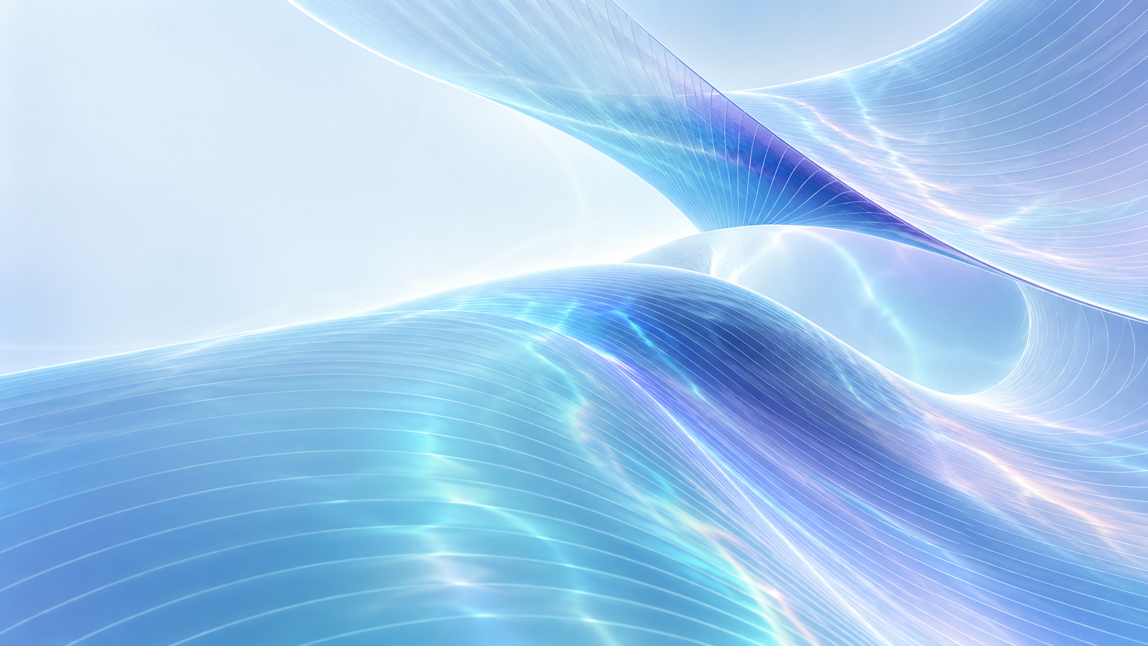 Translucent cyan and lilac surfaces overlap in a light-filled abstract volume